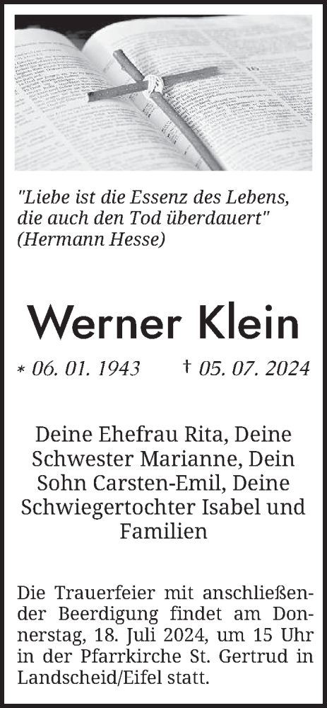  Traueranzeige für Werner Klein vom 11.07.2024 aus saarbruecker_zeitung