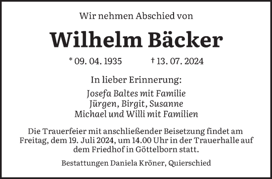 Traueranzeige von Wilhelm Bäcker von saarbruecker_zeitung
