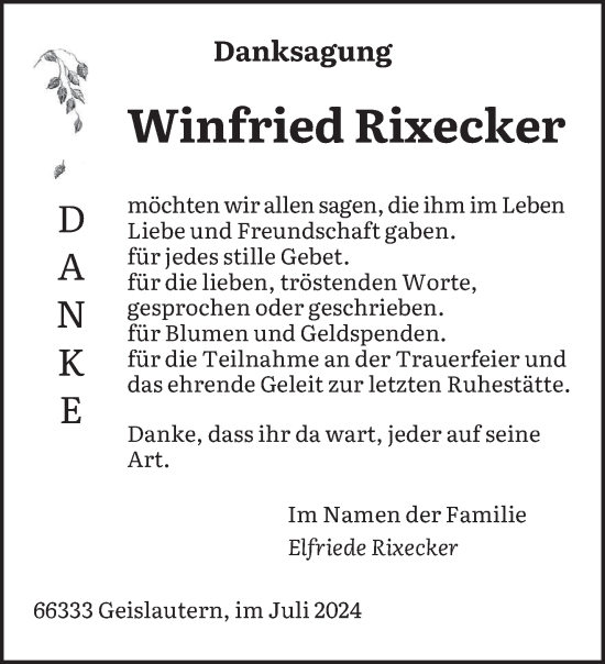 Traueranzeige von Winfried Rixecker von saarbruecker_zeitung