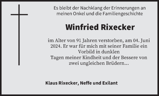 Traueranzeige von Winfried Rixecker von saarbruecker_zeitung