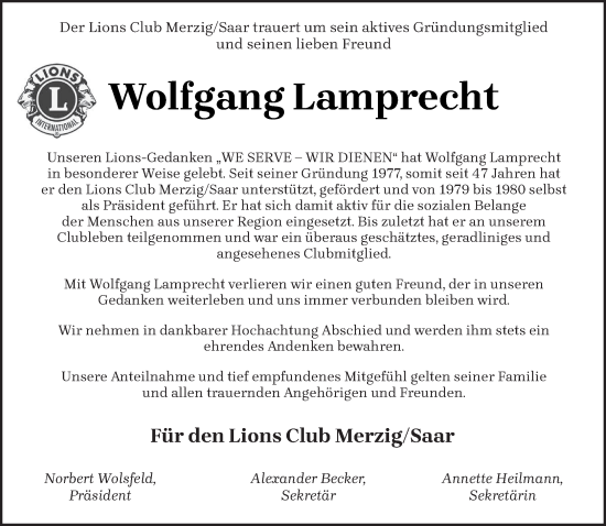 Traueranzeige von Wolfgang Lamprecht von saarbruecker_zeitung