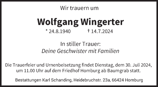 Traueranzeige von Wolfgang Wingerter von saarbruecker_zeitung