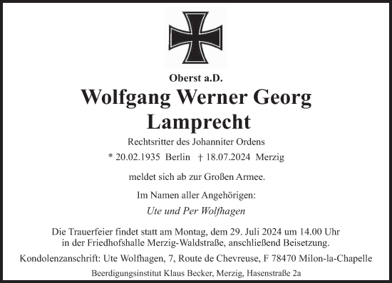 Traueranzeige von Wolfgang Werner Georg Lamprecht von saarbruecker_zeitung