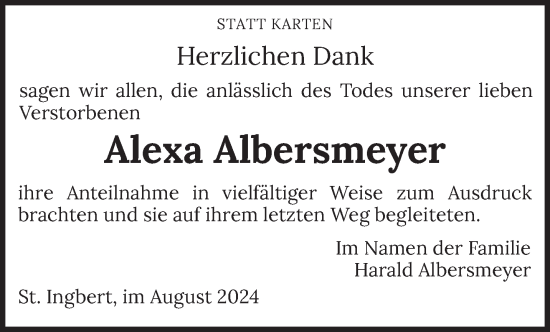 Traueranzeige von Alexa Albersmeyer von saarbruecker_zeitung
