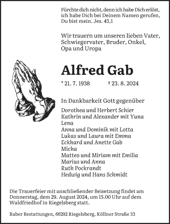 Traueranzeige von Alfred Gab von saarbruecker_zeitung