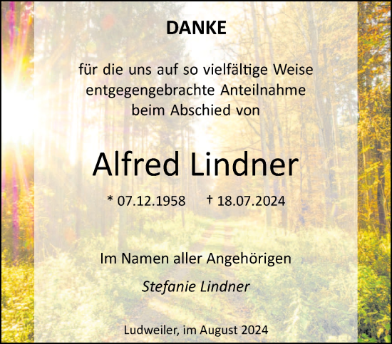 Traueranzeige von Alfred Lindner von saarbruecker_zeitung