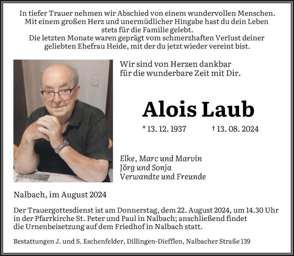  Traueranzeige für Alois Laub vom 17.08.2024 aus saarbruecker_zeitung