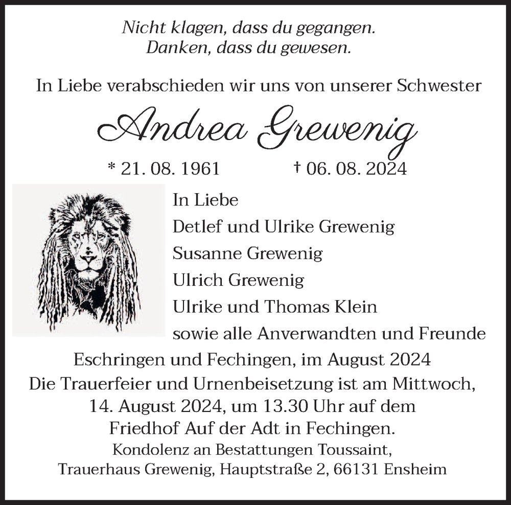  Traueranzeige für Andrea Grewenig vom 10.08.2024 aus saarbruecker_zeitung