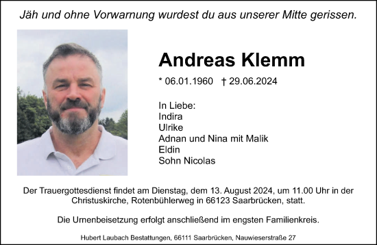 Traueranzeige von Andreas Klemm von saarbruecker_zeitung