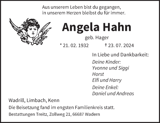 Traueranzeige von Angela Hahn von saarbruecker_zeitung