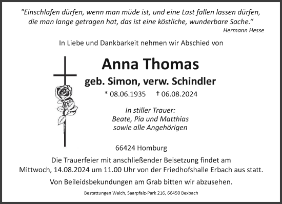 Traueranzeige von Anna Thomas von saarbruecker_zeitung