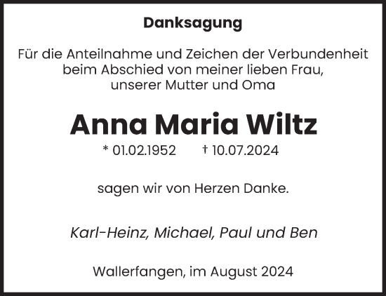 Traueranzeige von Anna Maria Wiltz von saarbruecker_zeitung