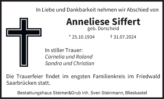 Traueranzeige von Anneliese Siffert von saarbruecker_zeitung