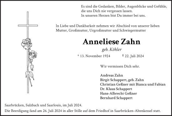 Traueranzeige von Anneliese Zahn von saarbruecker_zeitung