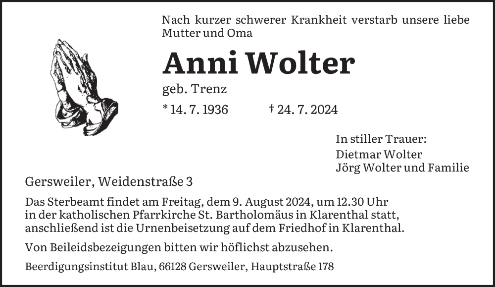  Traueranzeige für Anni Wolter vom 03.08.2024 aus saarbruecker_zeitung