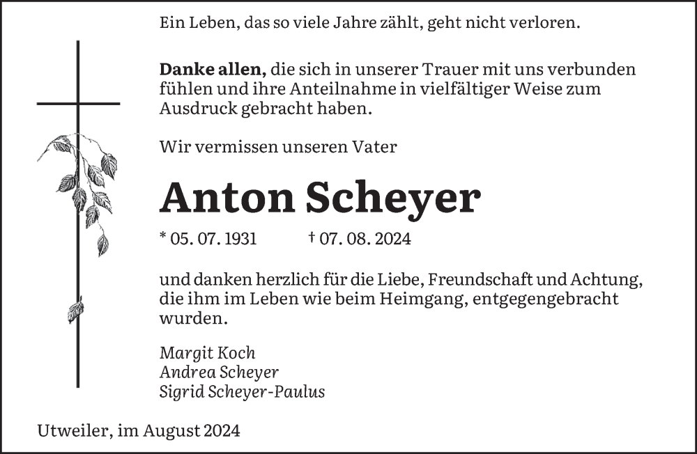  Traueranzeige für Anton Scheyer vom 23.08.2024 aus saarbruecker_zeitung