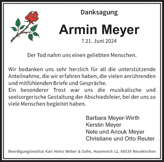Traueranzeige von Armin Meyer von saarbruecker_zeitung