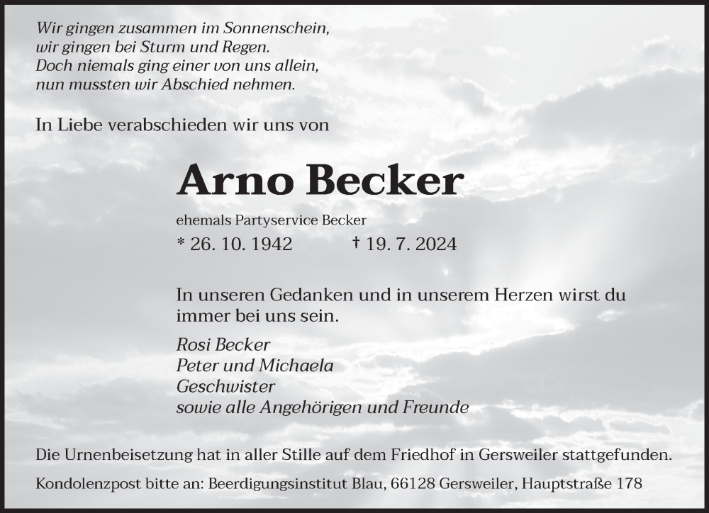  Traueranzeige für Arno Becker vom 03.08.2024 aus saarbruecker_zeitung