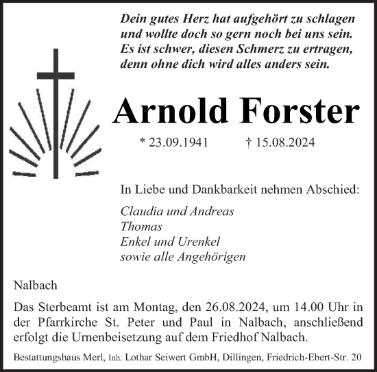 Traueranzeige von Arnold Forster von saarbruecker_zeitung