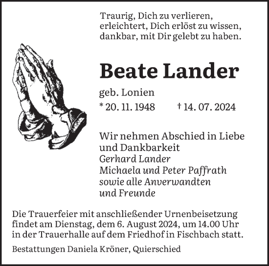 Traueranzeige von Beate Lander von saarbruecker_zeitung