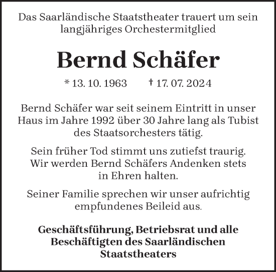Traueranzeige von Bernd Schäfer von saarbruecker_zeitung