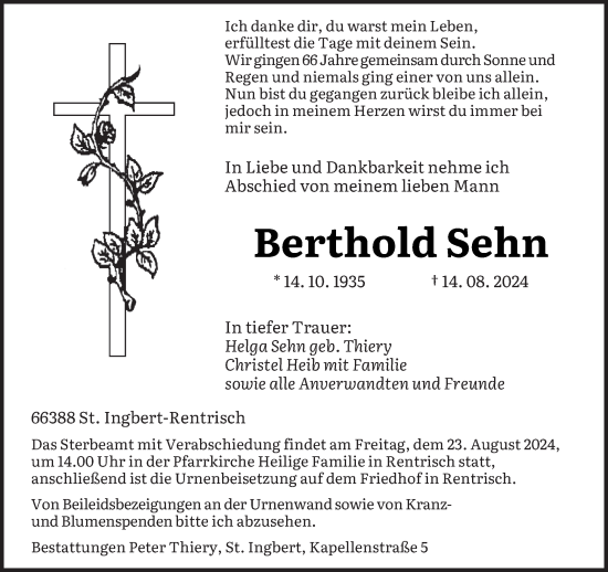 Traueranzeige von Berthold Sehn von saarbruecker_zeitung