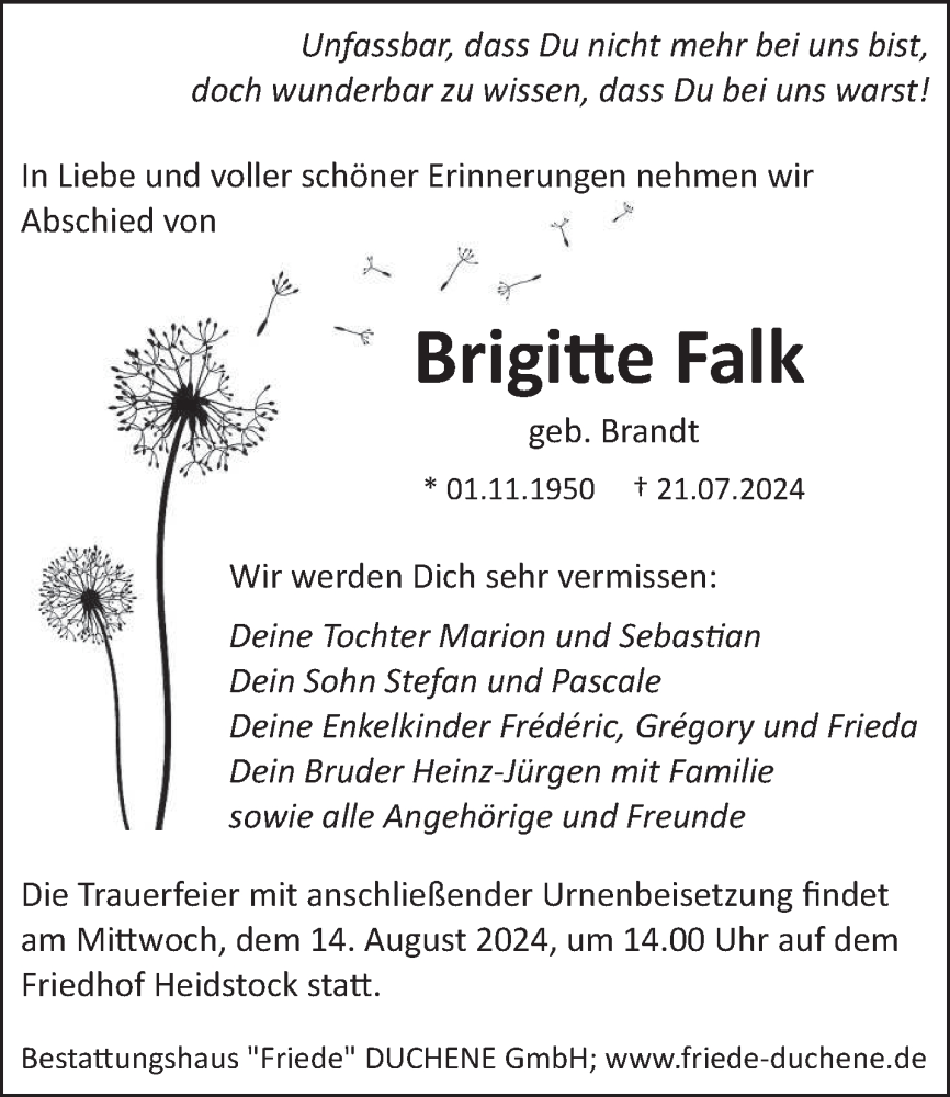  Traueranzeige für Brigitte Falk vom 03.08.2024 aus saarbruecker_zeitung