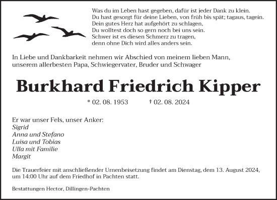 Traueranzeige von Burkhard Friedrich Kipper von saarbruecker_zeitung