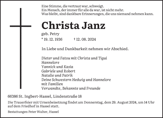 Traueranzeige von Christa Janz von saarbruecker_zeitung