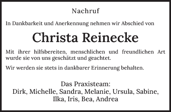 Traueranzeige von Christa Reinecke von saarbruecker_zeitung