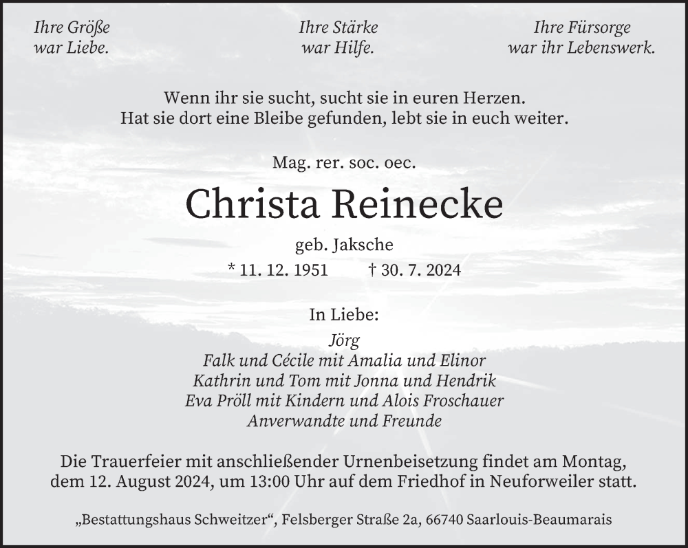  Traueranzeige für Christa Reinecke vom 03.08.2024 aus saarbruecker_zeitung