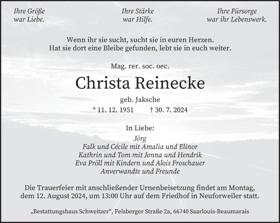 Traueranzeige von Christa Reinecke von saarbruecker_zeitung