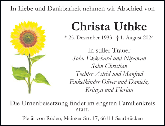 Traueranzeige von Christa Uthke von saarbruecker_zeitung