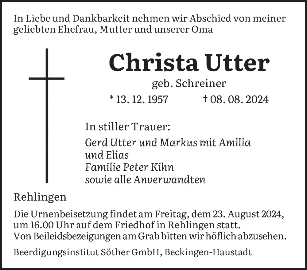  Traueranzeige für Christa Utter vom 17.08.2024 aus saarbruecker_zeitung