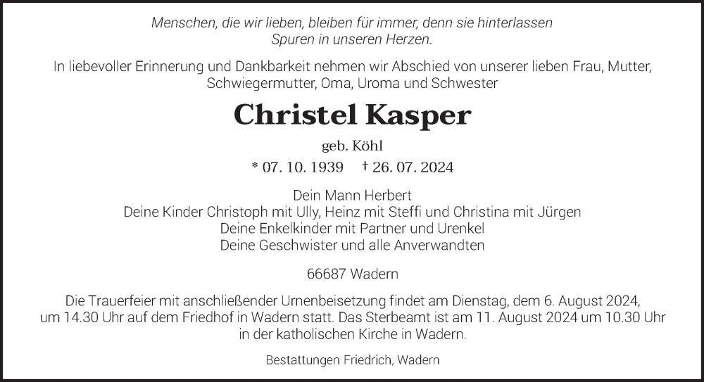  Traueranzeige für Christel Kasper vom 02.08.2024 aus saarbruecker_zeitung