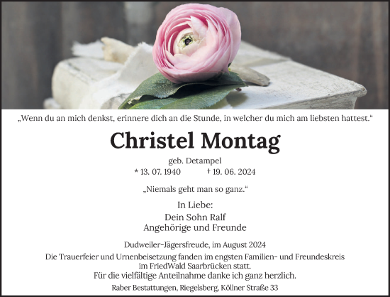 Traueranzeige von Christel Montag von saarbruecker_zeitung