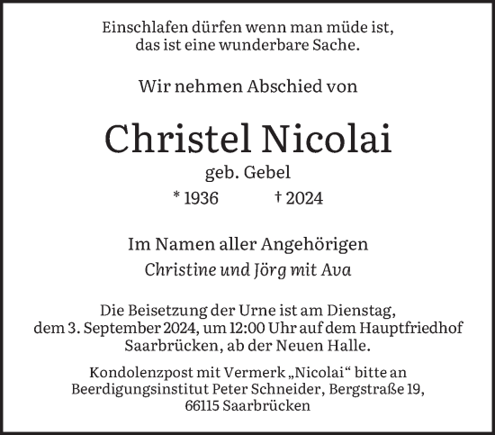 Traueranzeige von Christel Nicolai von saarbruecker_zeitung