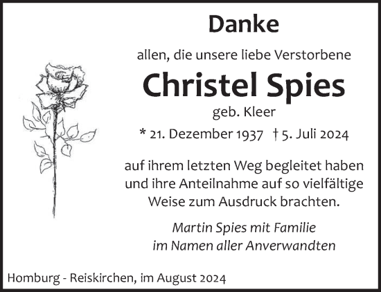 Traueranzeige von Christel Spies von saarbruecker_zeitung