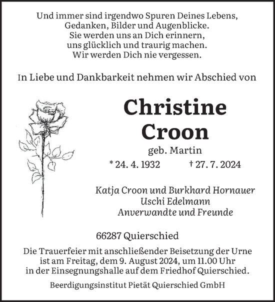 Traueranzeige von Christine Croon von saarbruecker_zeitung