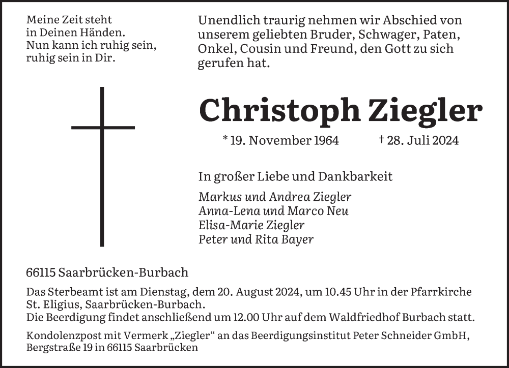  Traueranzeige für Christoph Ziegler vom 10.08.2024 aus saarbruecker_zeitung