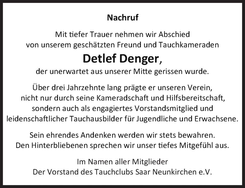 Traueranzeige für Detlef Denger vom 03.08.2024 aus saarbruecker_zeitung