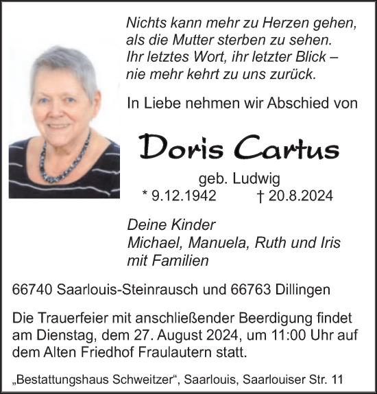 Traueranzeige von Doris Cartus von saarbruecker_zeitung