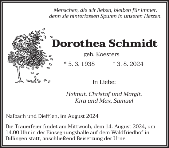 Traueranzeige von Dorothea Schmidt von saarbruecker_zeitung