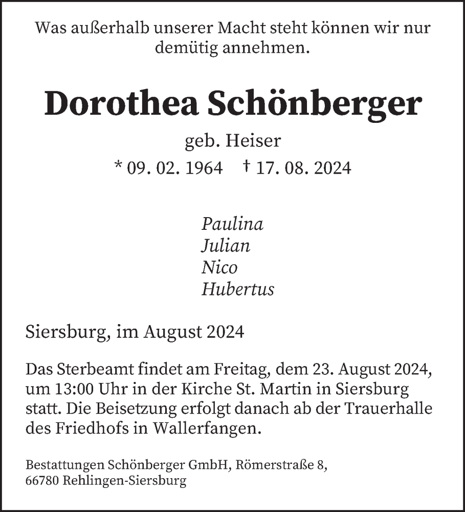  Traueranzeige für Dorothea Schönberger vom 21.08.2024 aus saarbruecker_zeitung