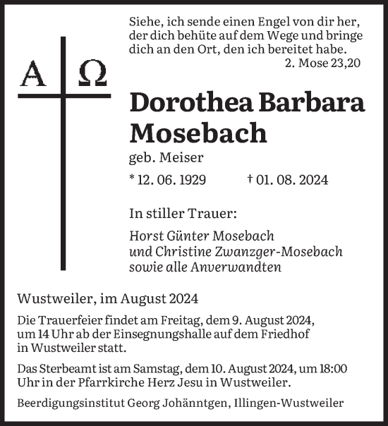 Traueranzeige von Dorothea Barbara Mosebach von saarbruecker_zeitung