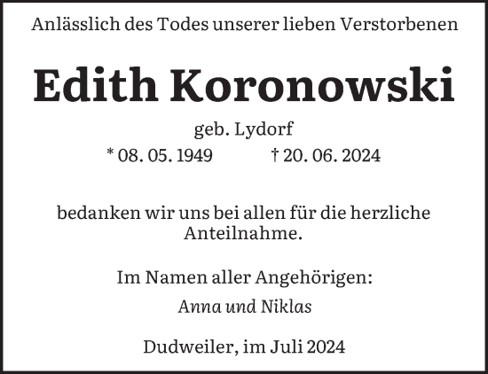 Traueranzeige von Edith Koronowski von saarbruecker_zeitung