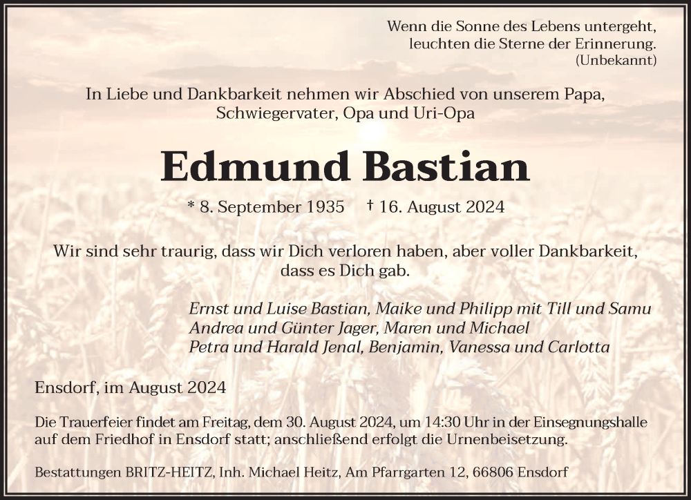  Traueranzeige für Edmund Bastian vom 24.08.2024 aus saarbruecker_zeitung