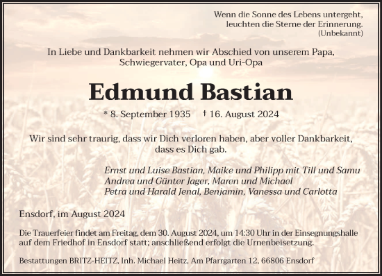 Traueranzeige von Edmund Bastian von saarbruecker_zeitung