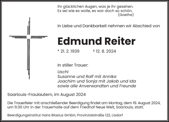 Traueranzeige von Edmund Reiter von saarbruecker_zeitung