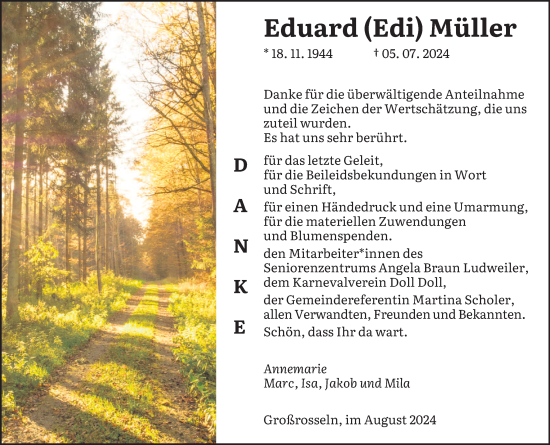 Traueranzeige von Eduard Müller von saarbruecker_zeitung